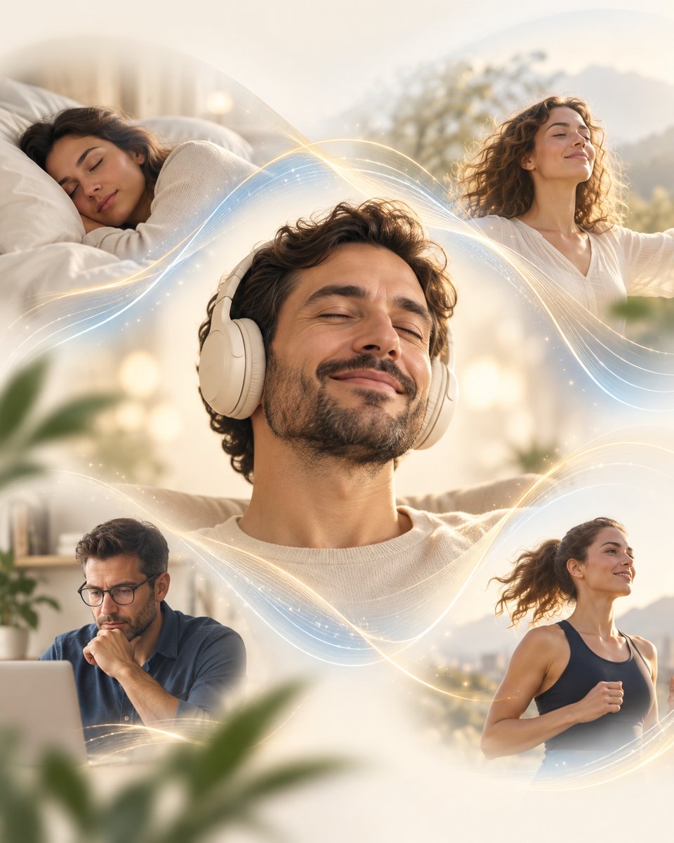 Pessoas em foco, sono e movimento com fones de ouvido — ilustração do método Binaural Max